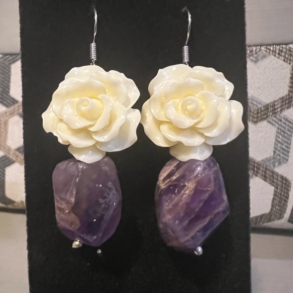 Handmade beaded amethyst crystal earrings